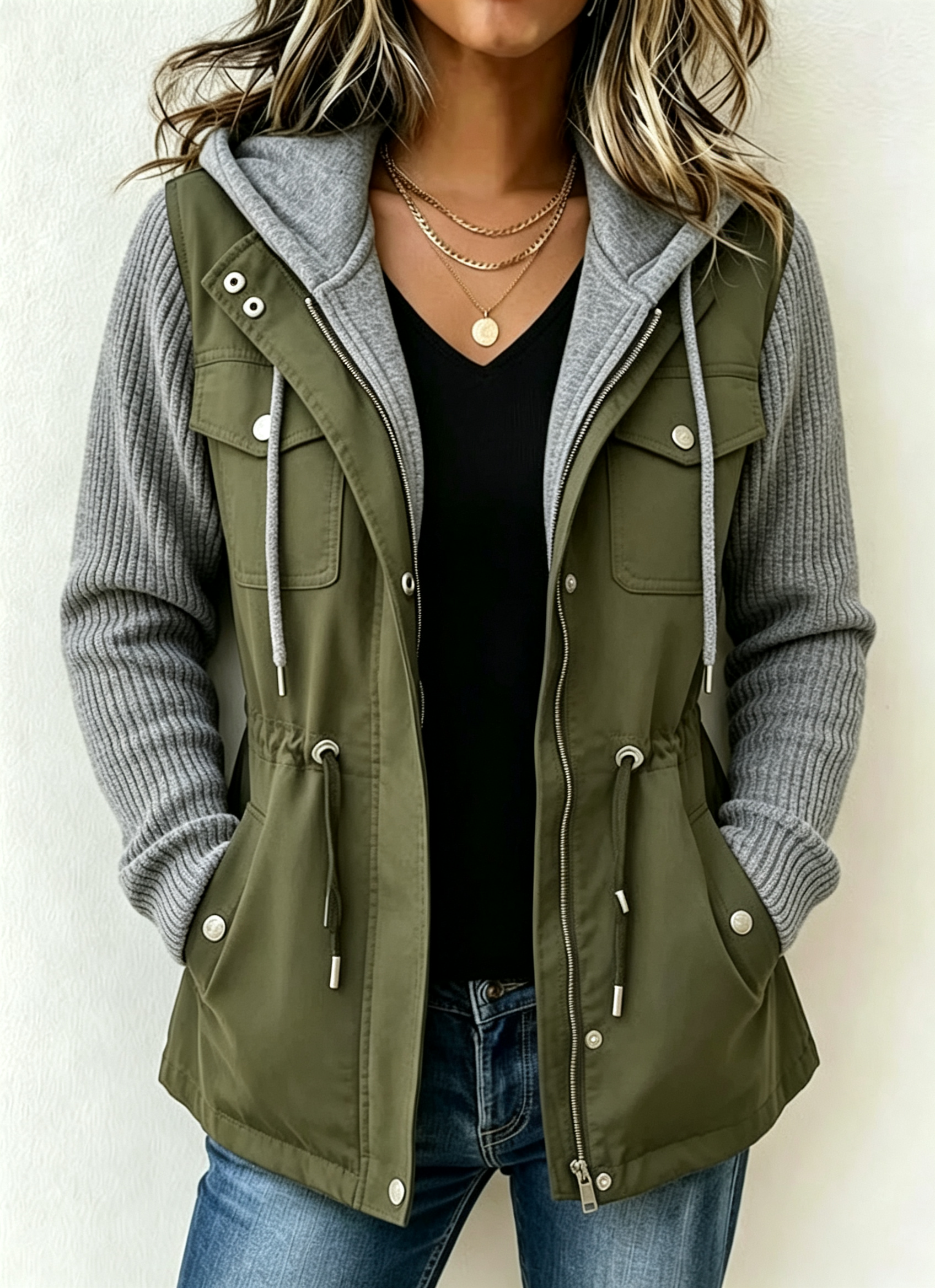 Drawstring Hooded Contrast Sleeve Jacket product image 6