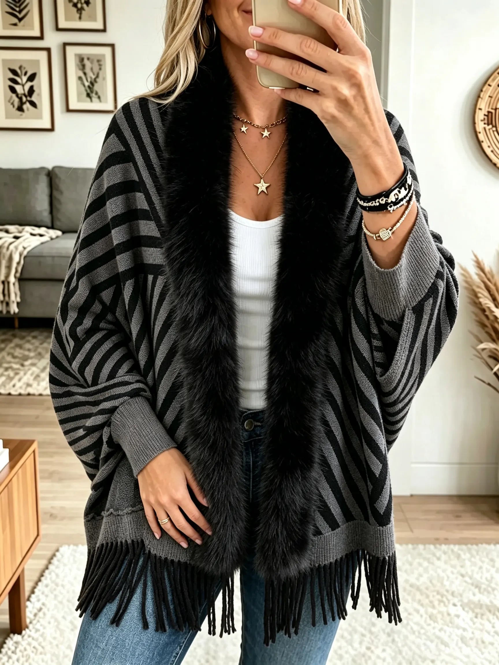 Black Highland Stripe Faux-Fur Fringe Poncho