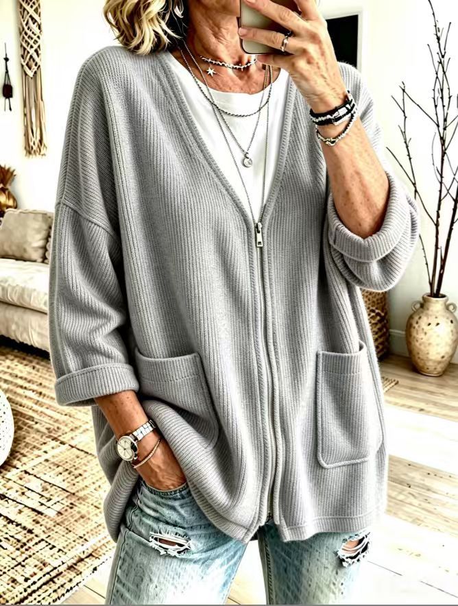 V-Neck Zip Pocket Relaxed Knit Cardigan product image 4