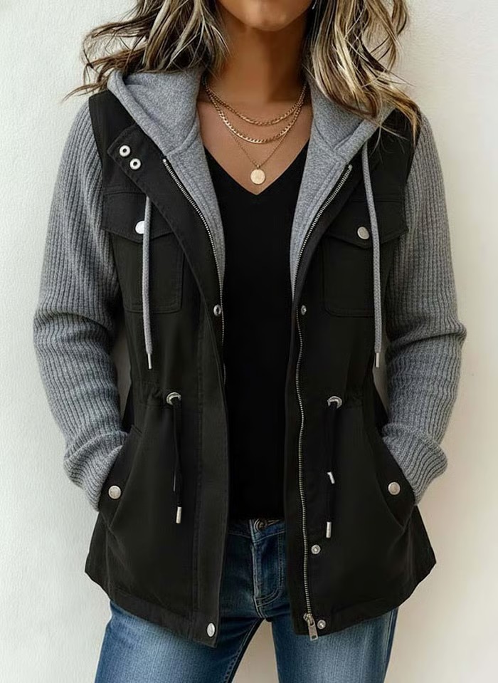 Drawstring Hooded Contrast Sleeve Jacket product image 2