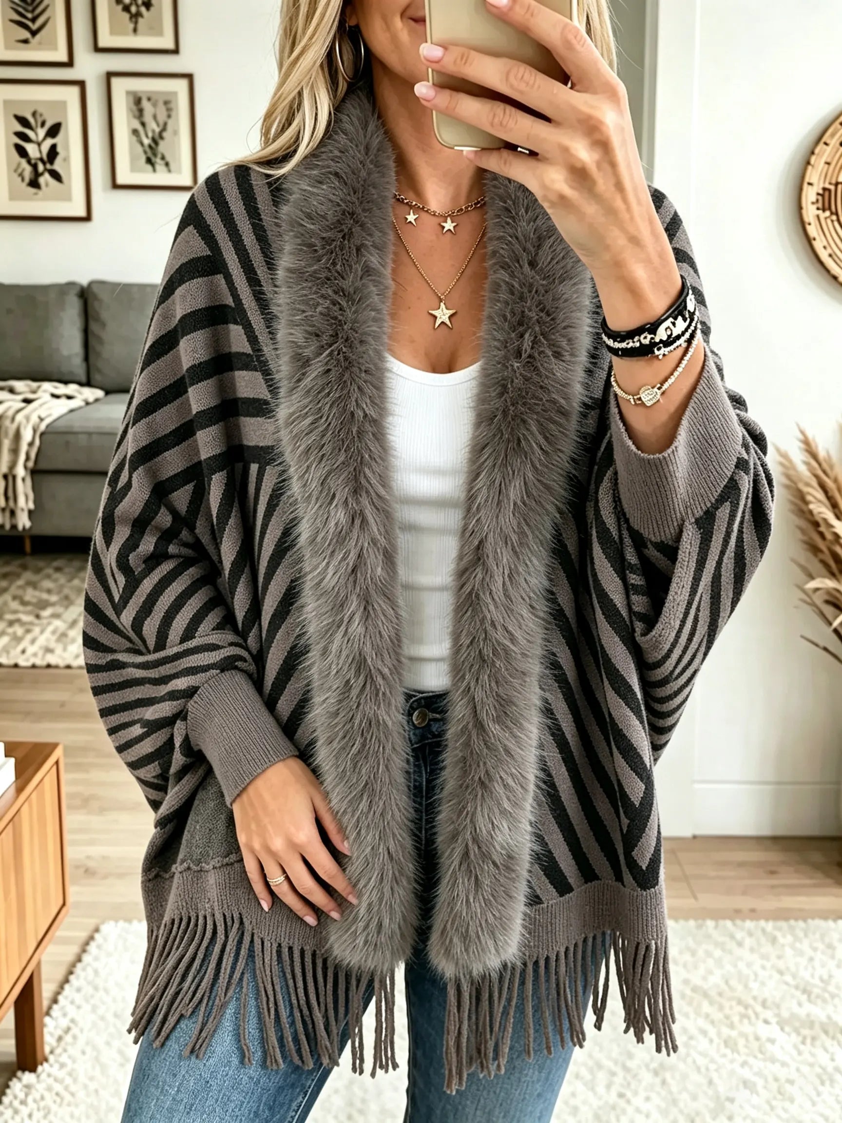Grey Highland Stripe Faux-Fur Fringe Poncho