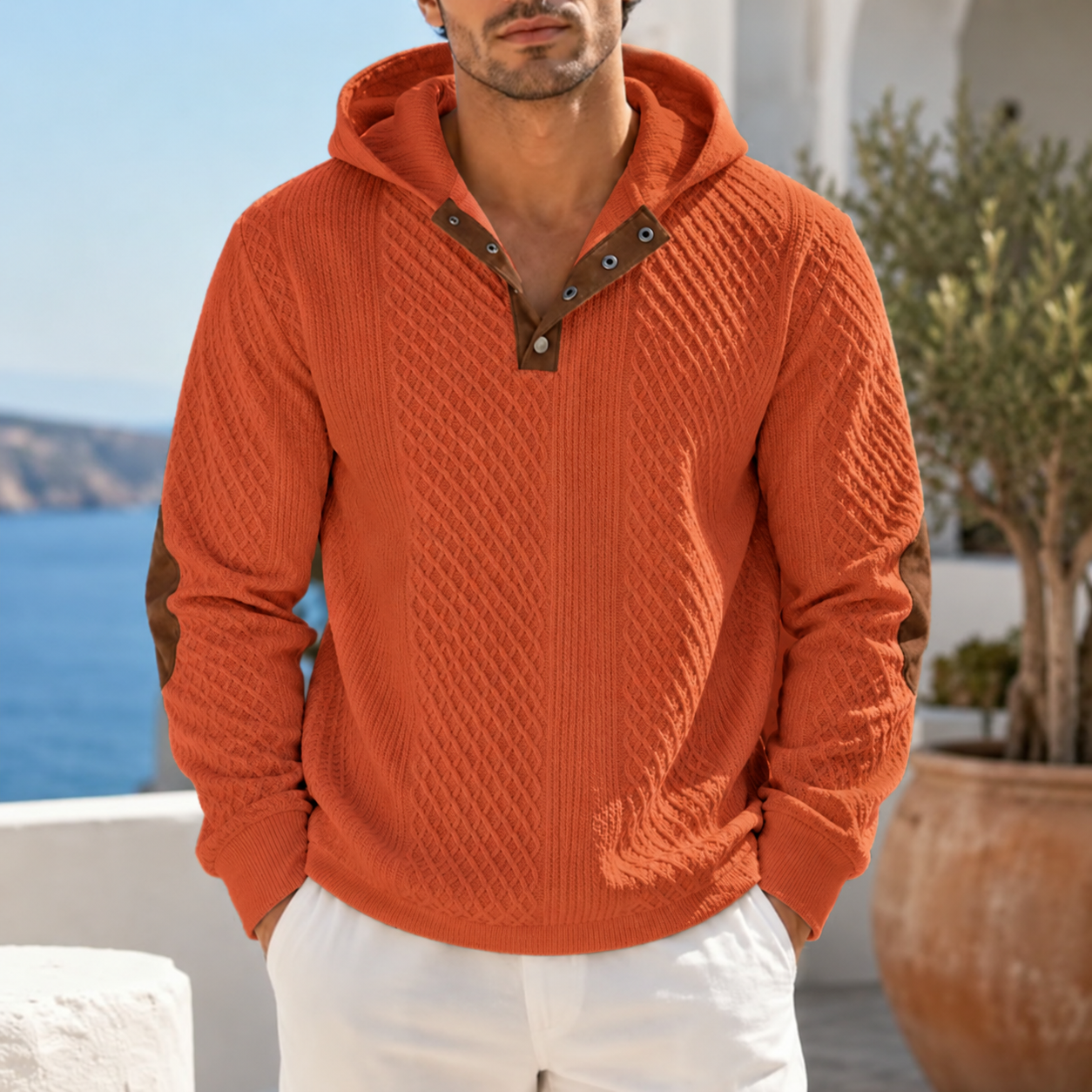 Men Textured Knit Hoodie Quarter Button Casual Sweater With Faux Leather Elbow Patches