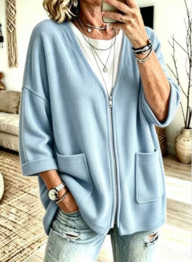 V-Neck Zip Pocket Relaxed Knit Cardigan product image 5