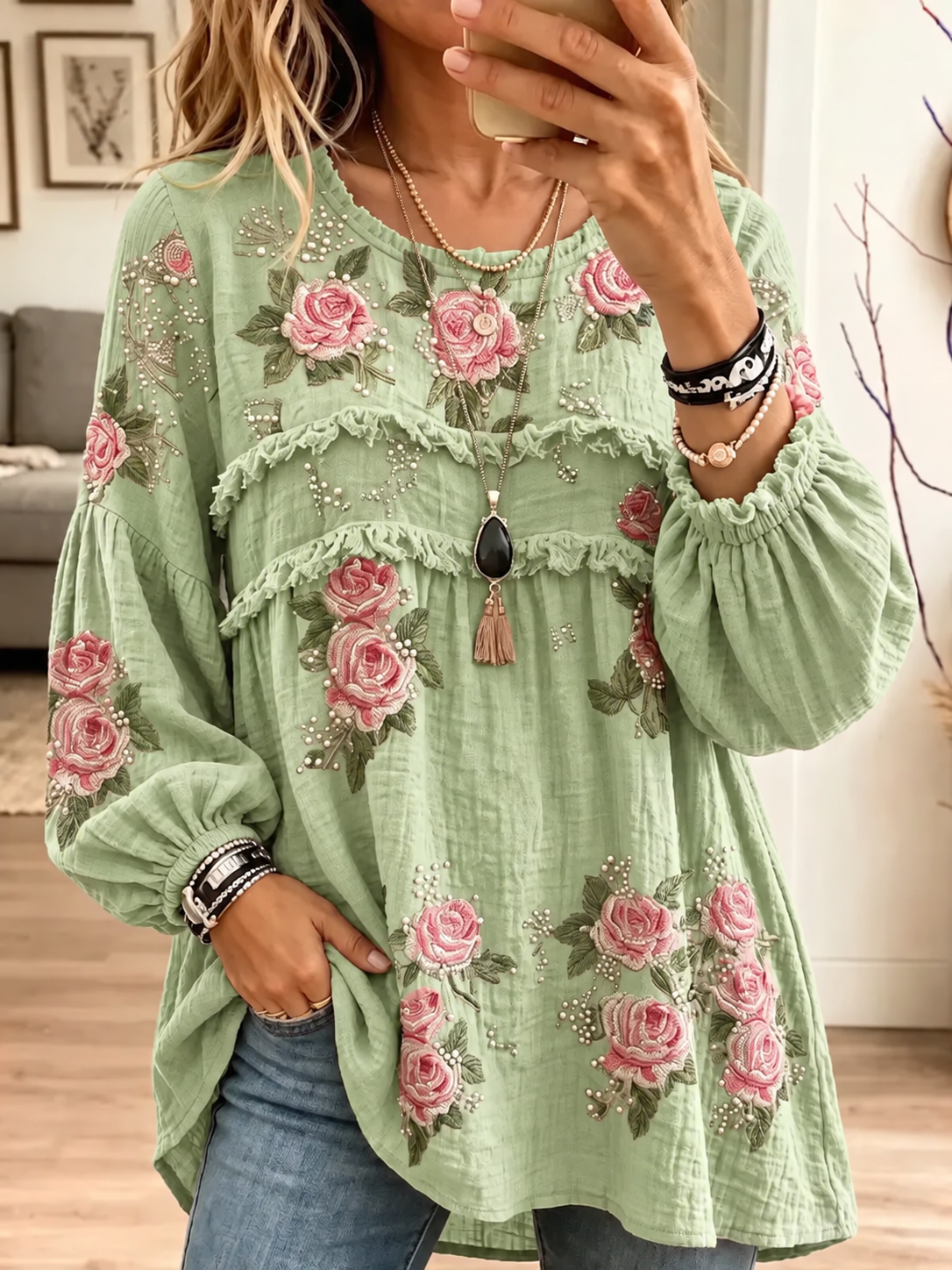 Women's Textured Crinkle Ruffle Babydoll Tunic Blouse