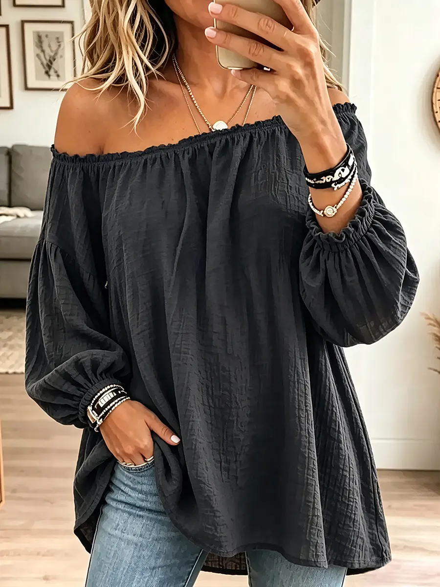 Vintage Off-Shoulder Pleated Cotton-Linen Shirt product image 1