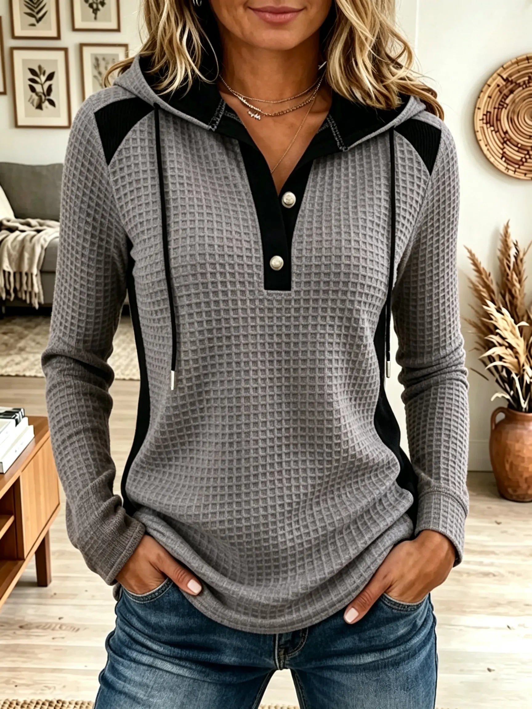 Women's Waffle Knit Colorblock Henley Hoodie product image 1