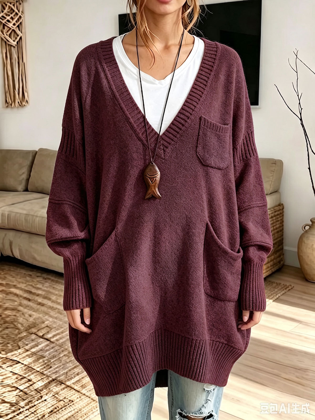 Women's Oversized V-Neck Multi-Pocket Long Knit Sweater product image 4