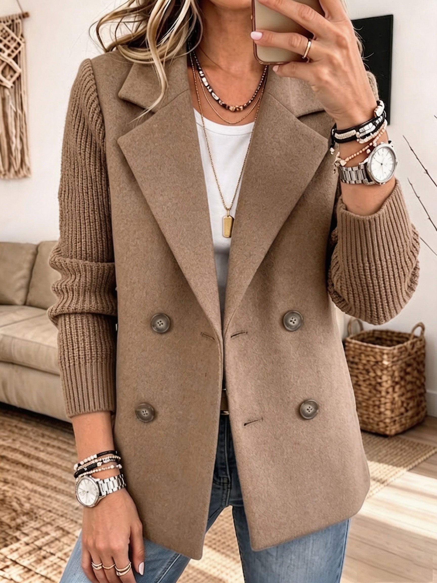 Blue Atelier Mixed-Media Knit-Sleeve Blazer