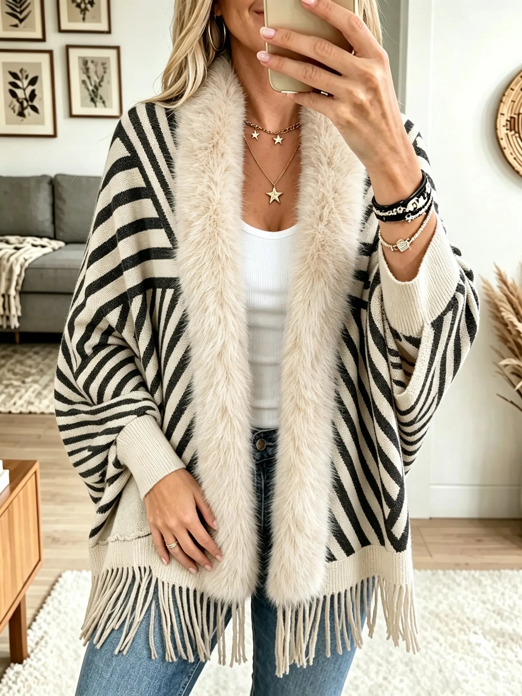 Apricot Highland Stripe Faux-Fur Fringe Poncho