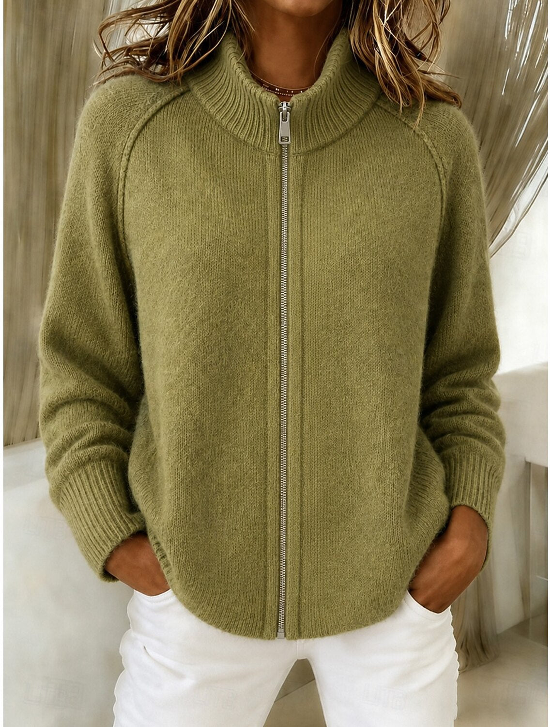 Women Stand Collar Full-Zip Raglan Sleeve Chunky Knit Cardigan Jacket product image 5