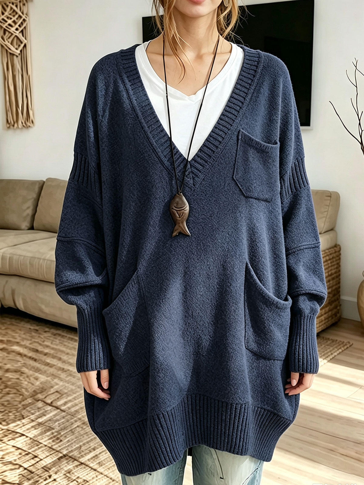 Women's Oversized V-Neck Multi-Pocket Long Knit Sweater product image 1