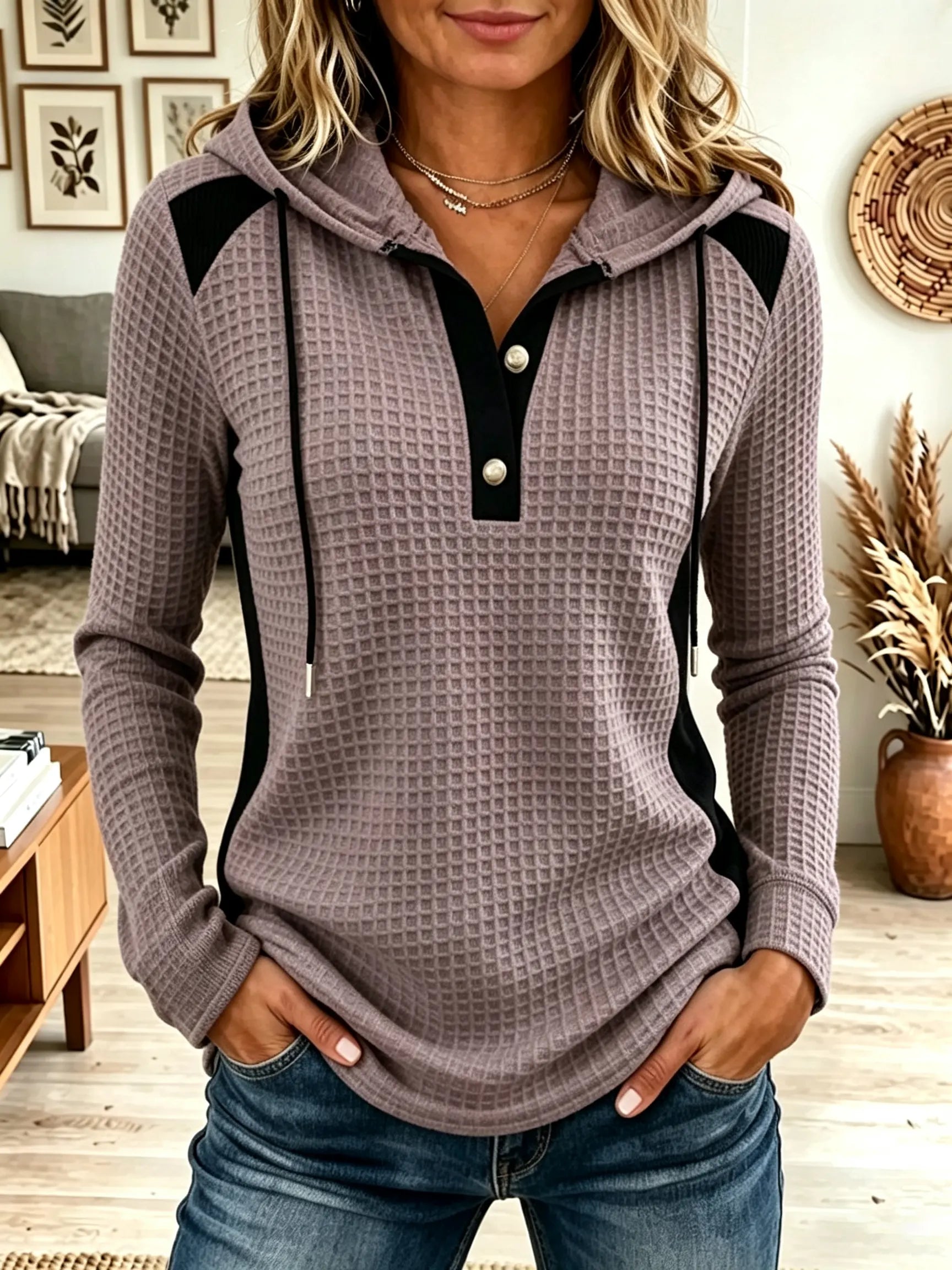 Women's Waffle Knit Colorblock Henley Hoodie product image 3