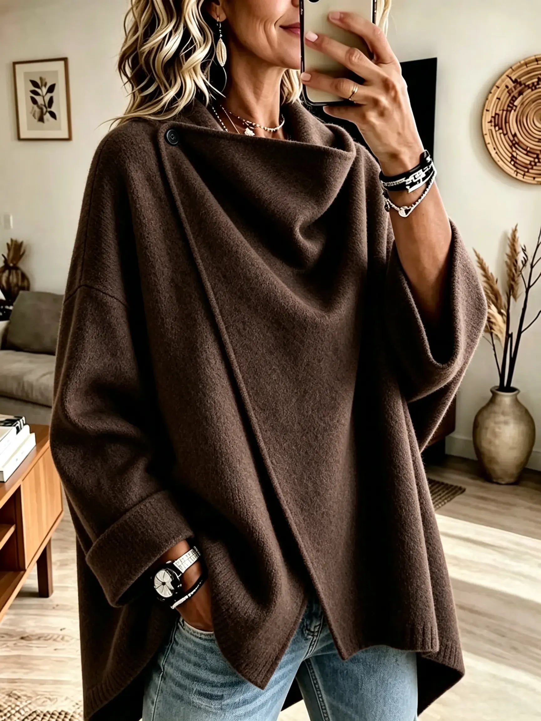 Women's Asymmetrical Button Wrap Collar Poncho product image 1