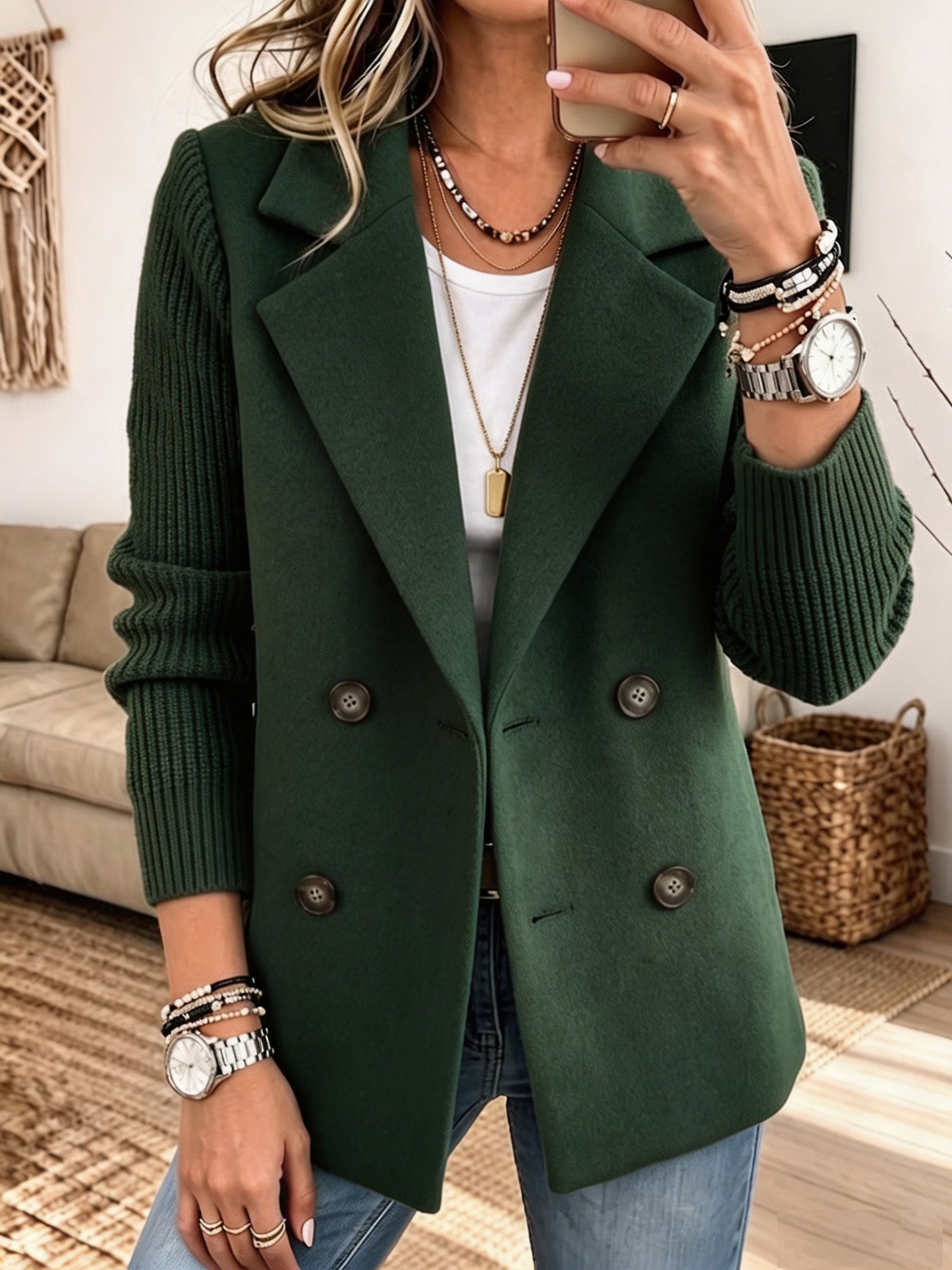 Brown Atelier Mixed-Media Knit-Sleeve Blazer