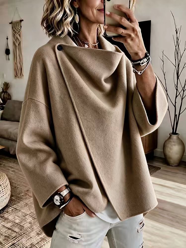 Women's Asymmetrical Button Wrap Collar Poncho product image 3