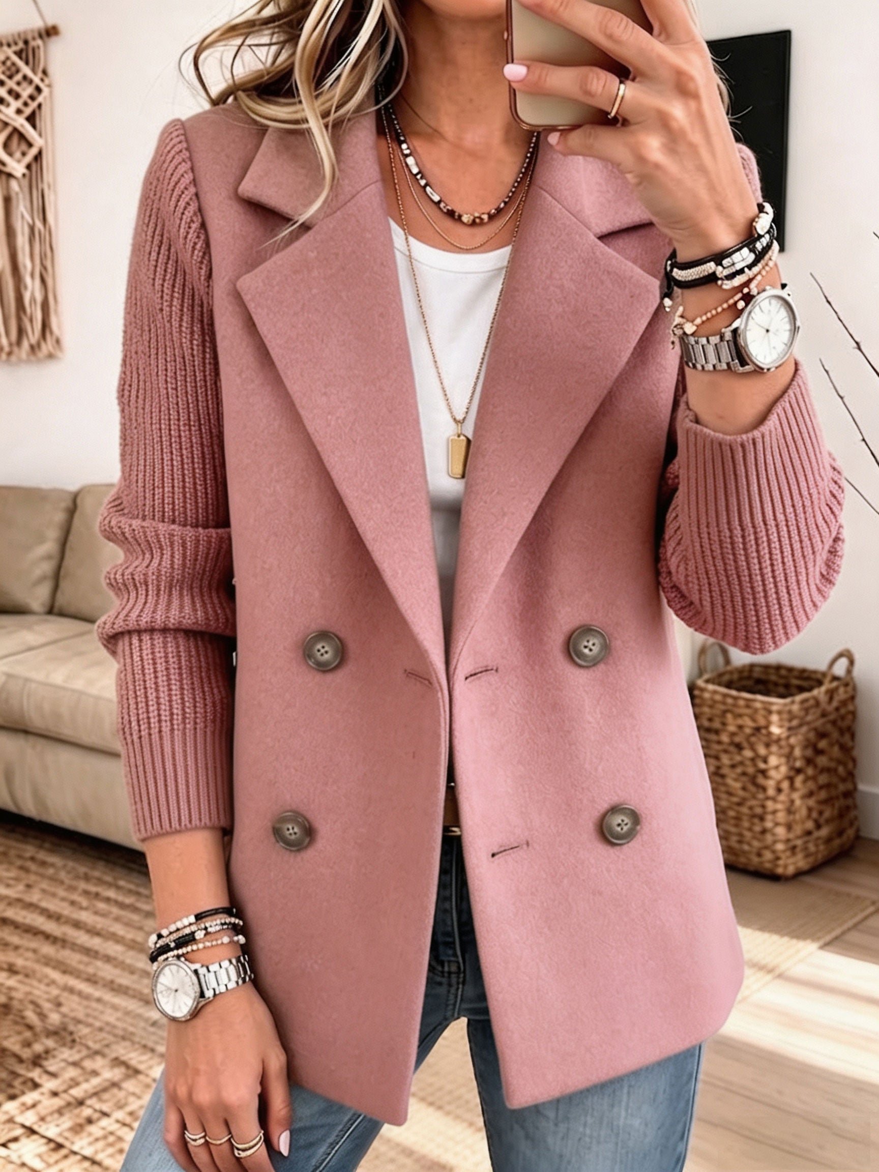 Grey Atelier Mixed-Media Knit-Sleeve Blazer
