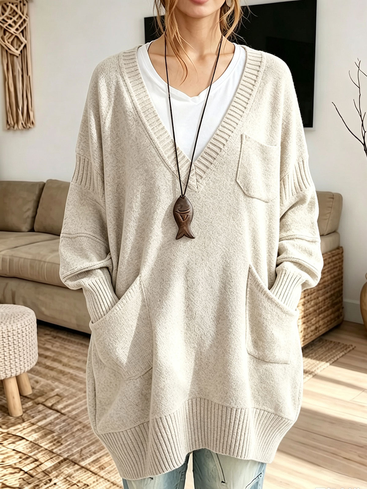 Women's Oversized V-Neck Multi-Pocket Long Knit Sweater product image 2