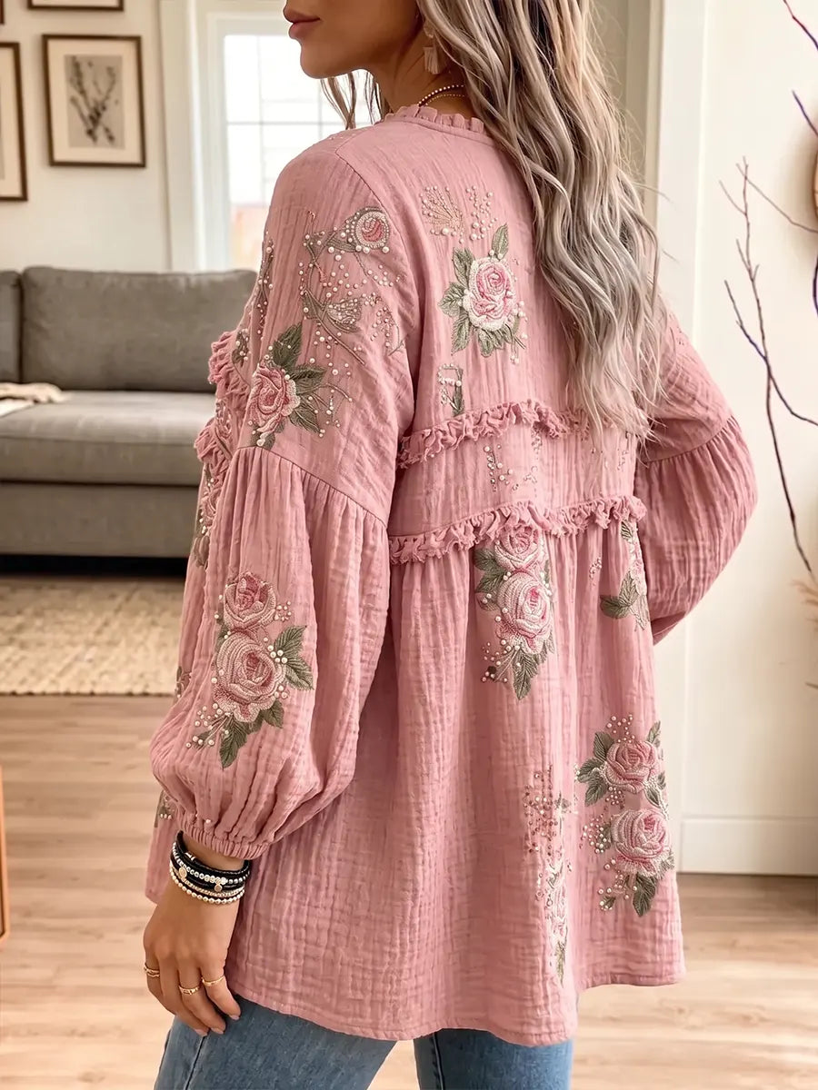Women's Textured Crinkle Ruffle Babydoll Tunic Blouse