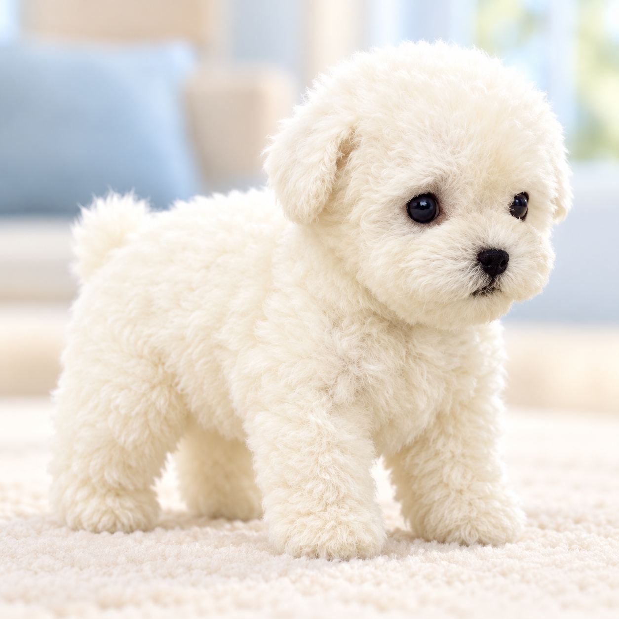 White plush puppy standing in a clear three-quarter view on a pale surface