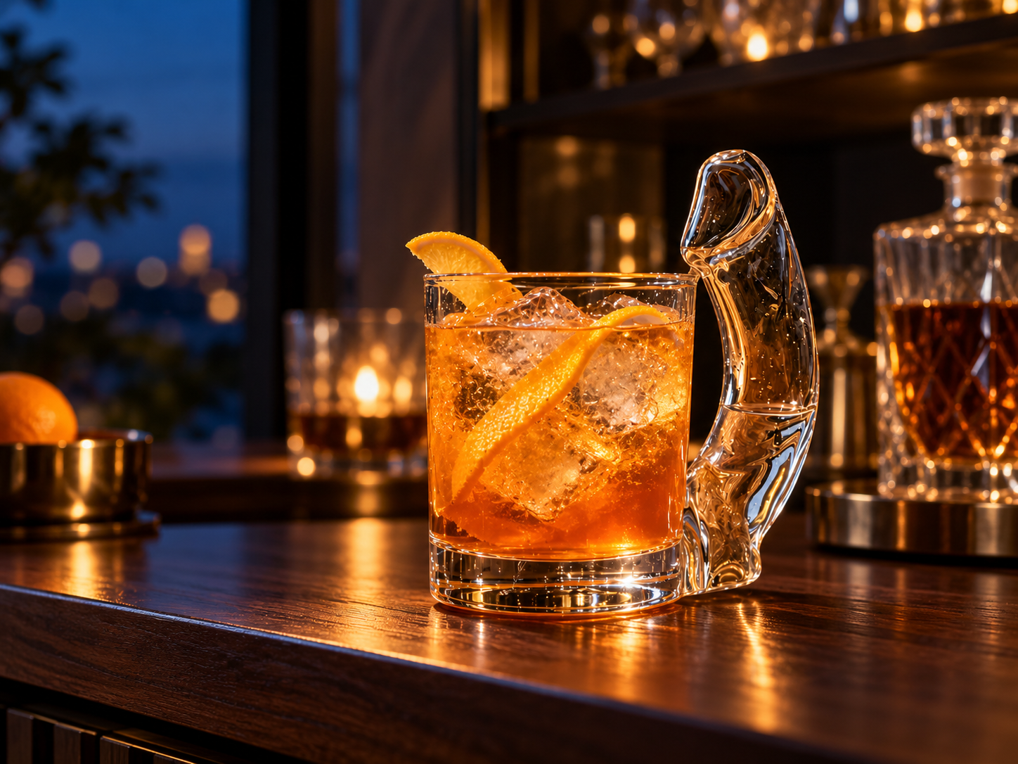 Novelty glass with an amber iced drink on a warmly lit walnut home bar