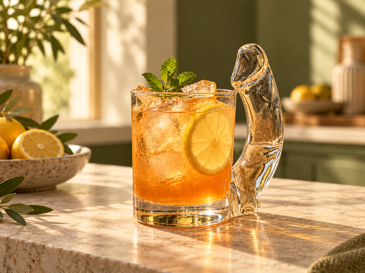 Clear novelty glass with a sculptural handle, citrus drink and ice on a sunlit stone counter