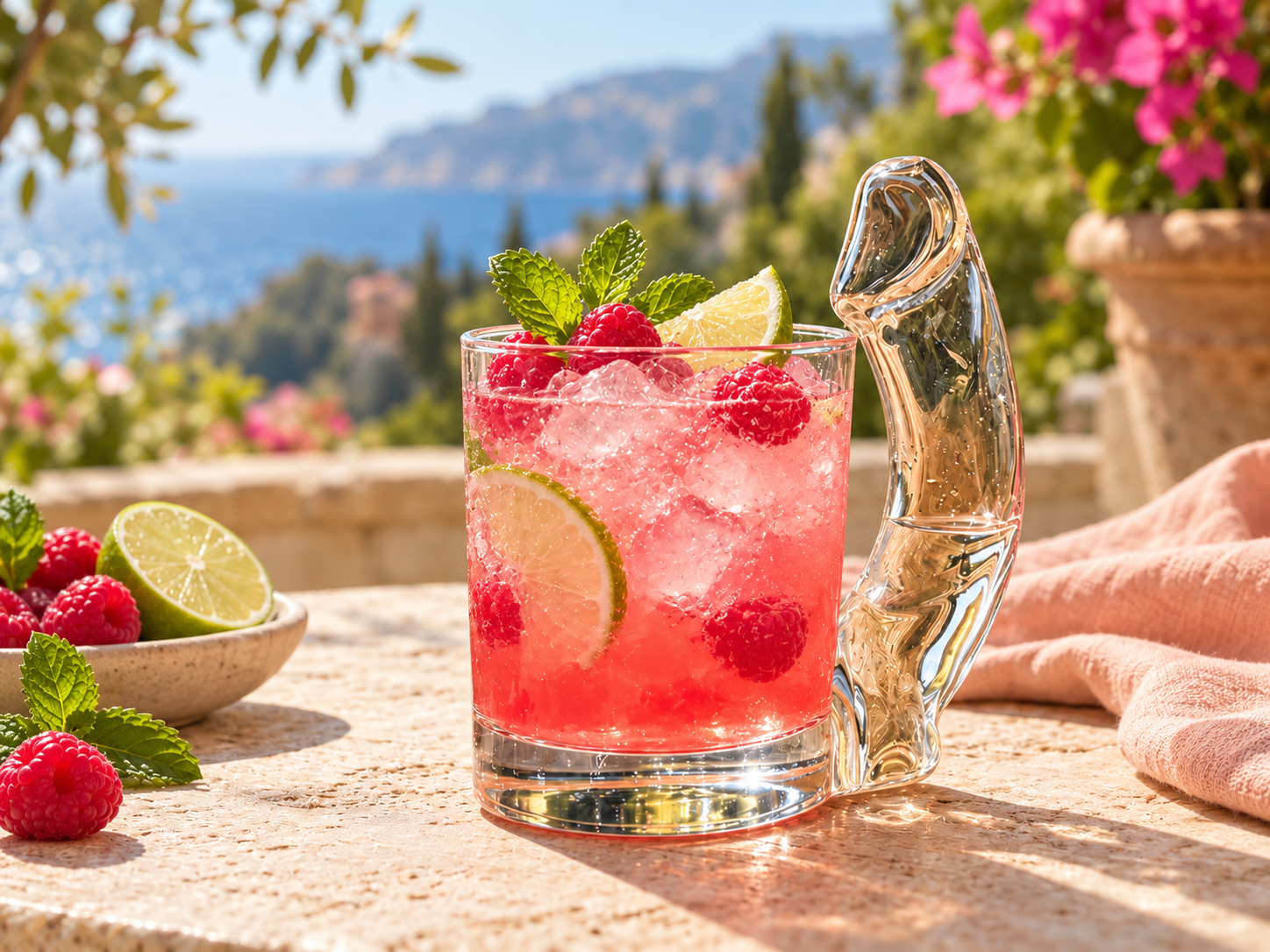 Berry-colored mocktail in the novelty glass on an airy outdoor terrace