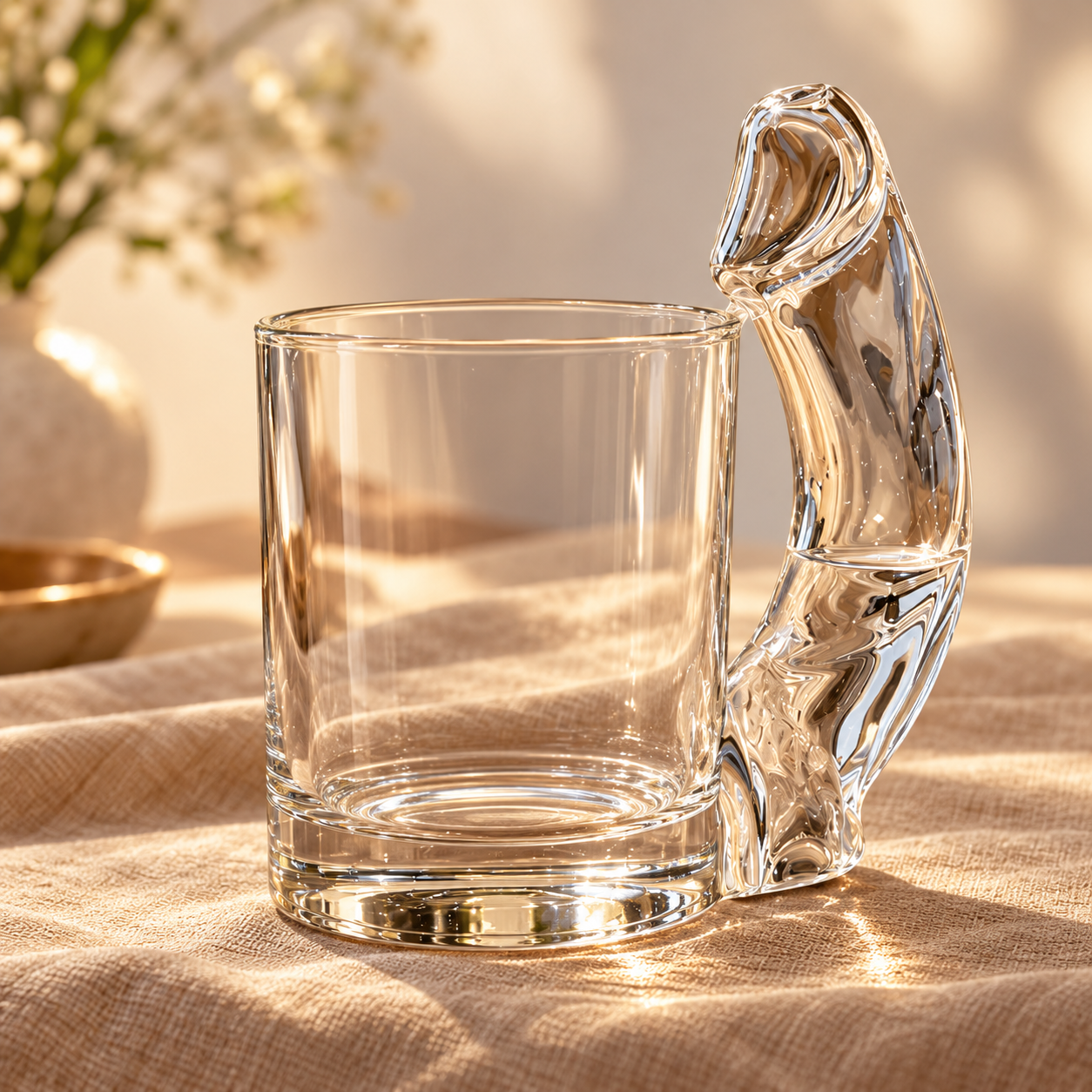 Close view of the empty clear glass showing its cylindrical body, thick base and sculptural handle