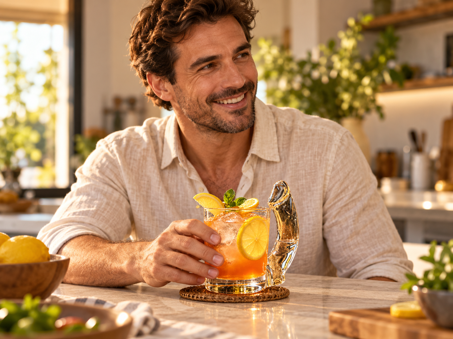 An adult at a kitchen island setting the novelty glass on a coaster