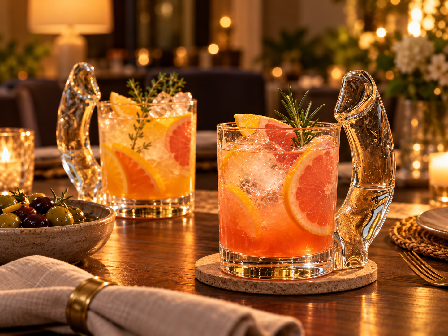 Two novelty glasses with citrus mocktails styled on an evening dinner table