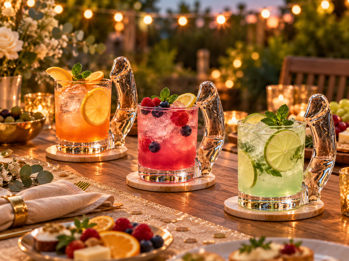 Three novelty glasses with orange, berry and mint drinks arranged for an adult gathering