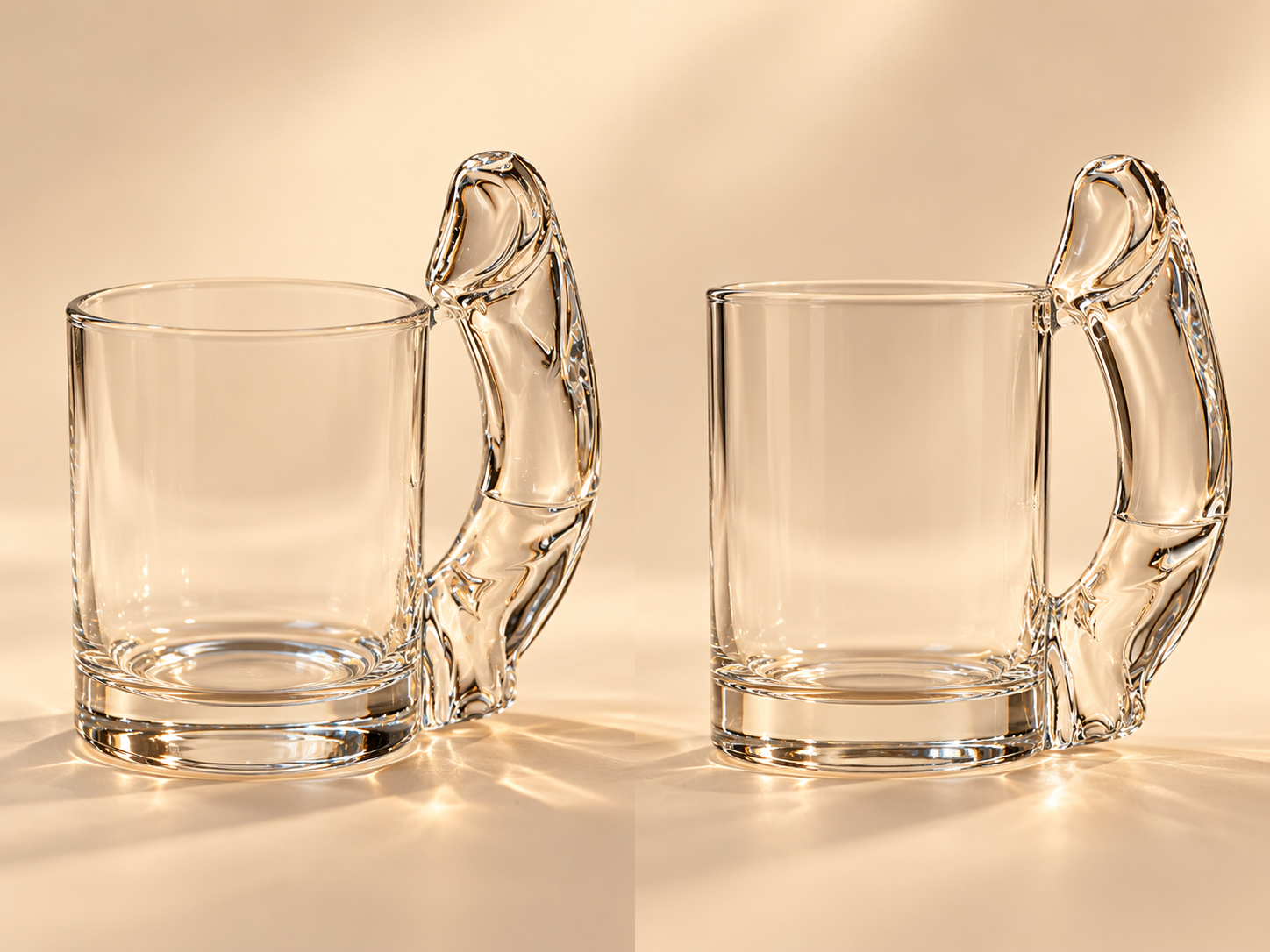 Two studio angles of the empty clear cup showing the handle silhouette and base