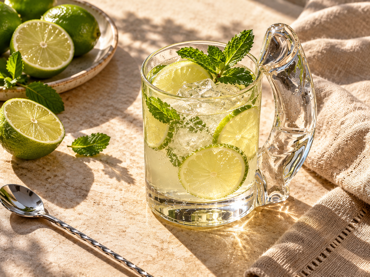 Overhead serving inspiration with lime, mint and an iced drink in the novelty glass