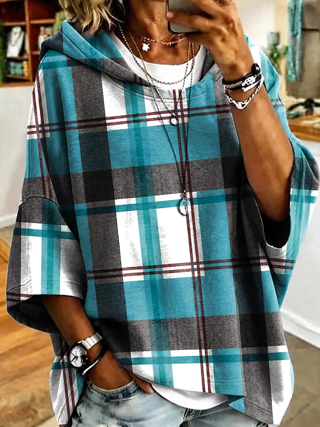 Women's Floral Plaid Hoodie Shirt – Casual Oversized Sunflower Print Top