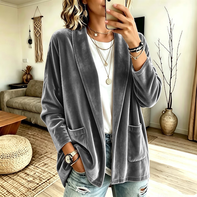 Grey Lustre Open-Front Velvet Blazer