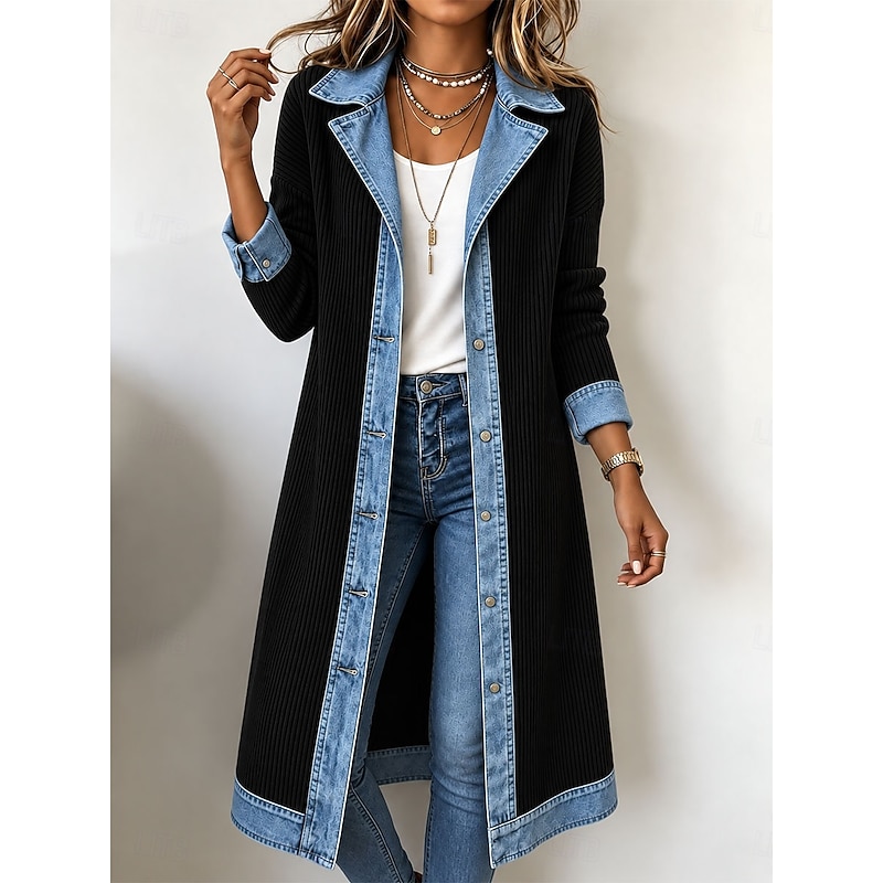 Black Cityline Patchwork Denim Long Coat