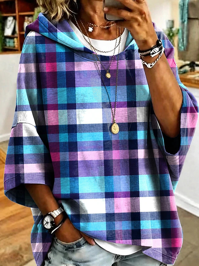 Women's Floral Plaid Hoodie Shirt – Casual Oversized Sunflower Print Top