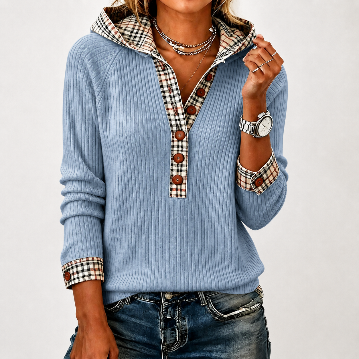 New Arrival🔥 Cozy Plaid Detail Knit Henley Pullover