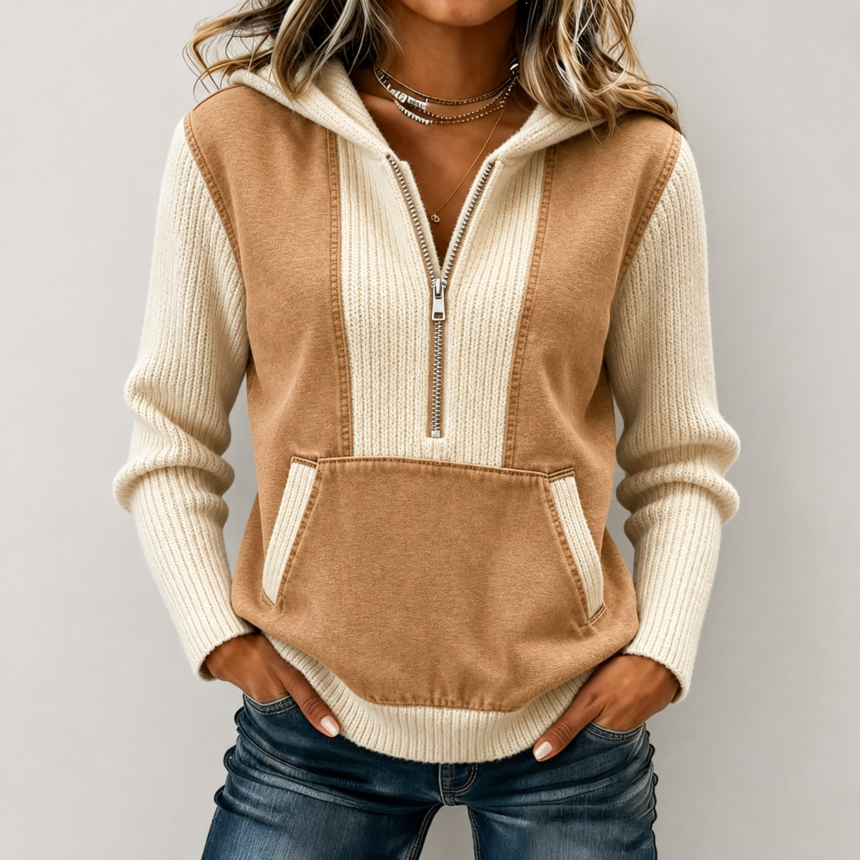 New Arrival🔥 Cozy Contrast Knit Hooded Pullover