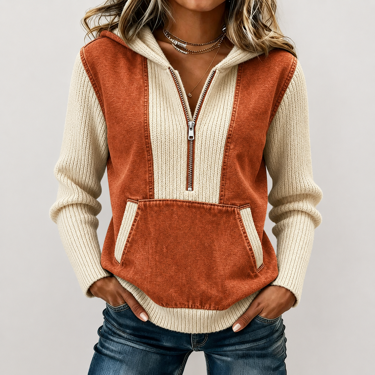 New Arrival🔥 Cozy Contrast Knit Hooded Pullover