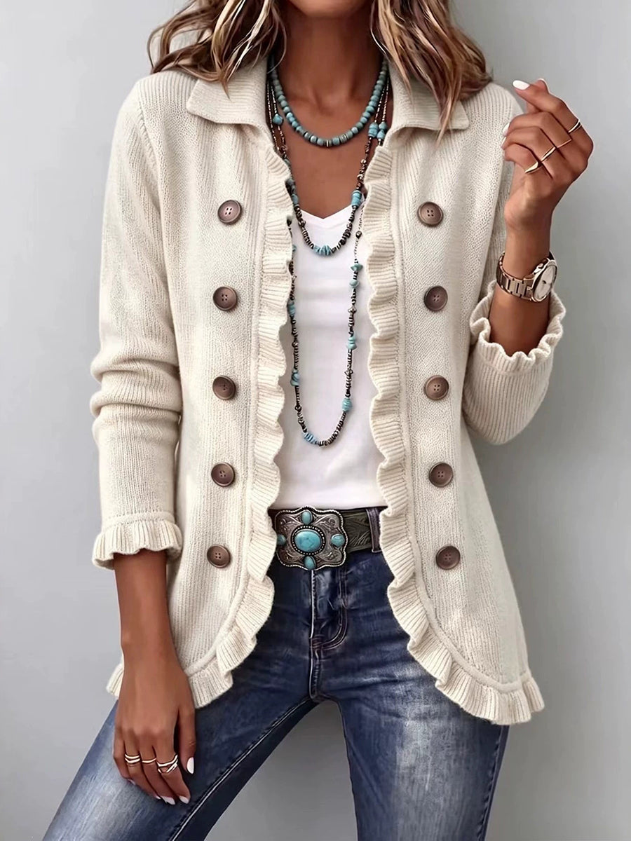 Chic Knit Ruffle-Trim Cardigan - Beige