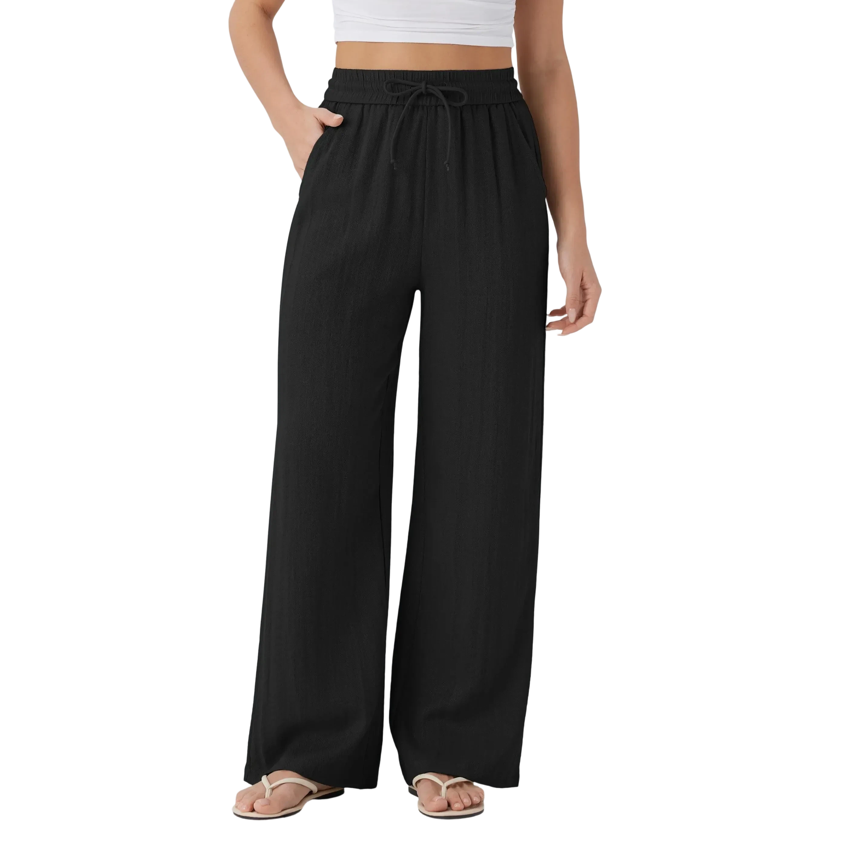 High Waisted Drawstring Pocket Wide Leg Baggy Casual Linen-Feel Pants