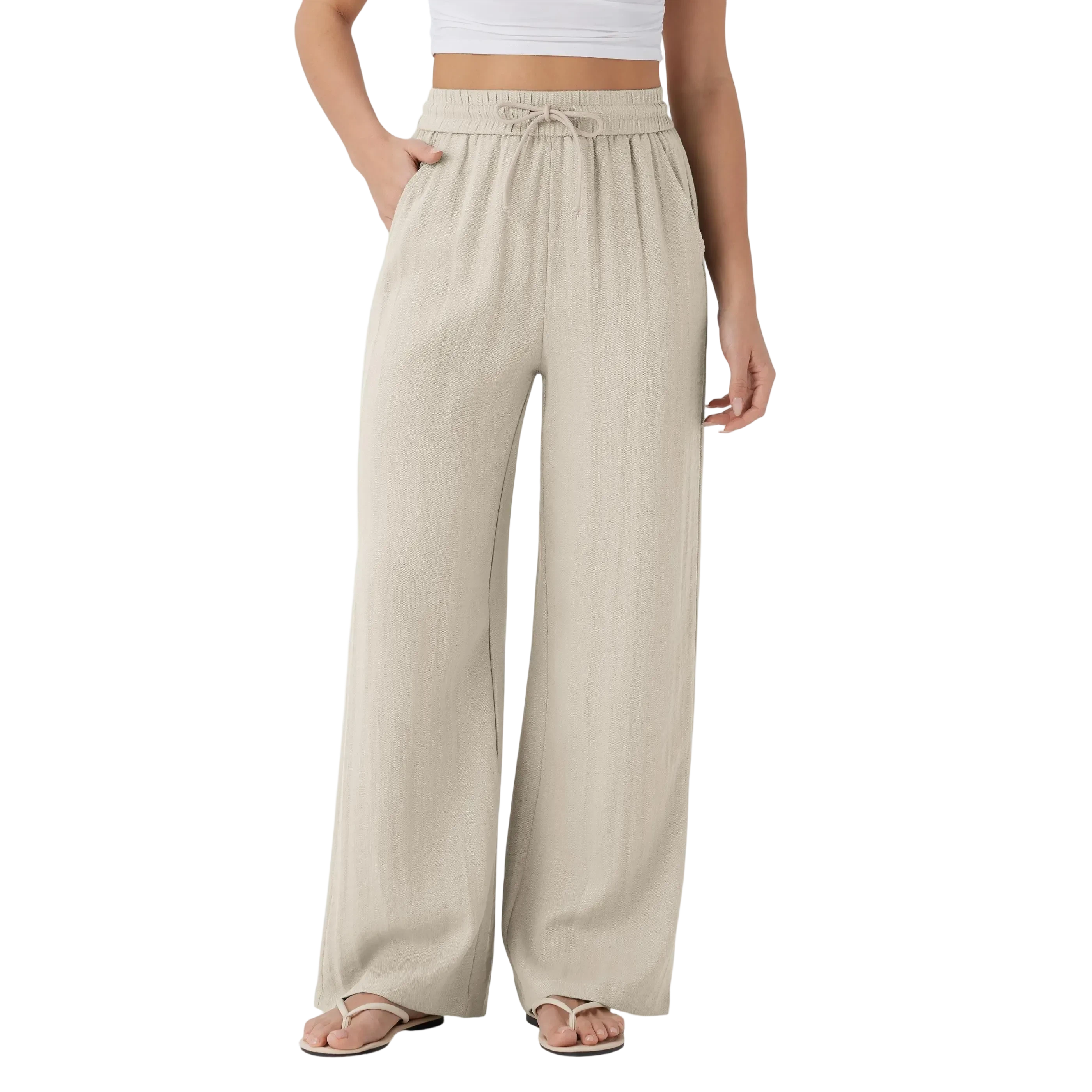 High Waisted Drawstring Pocket Wide Leg Baggy Casual Linen-Feel Pants