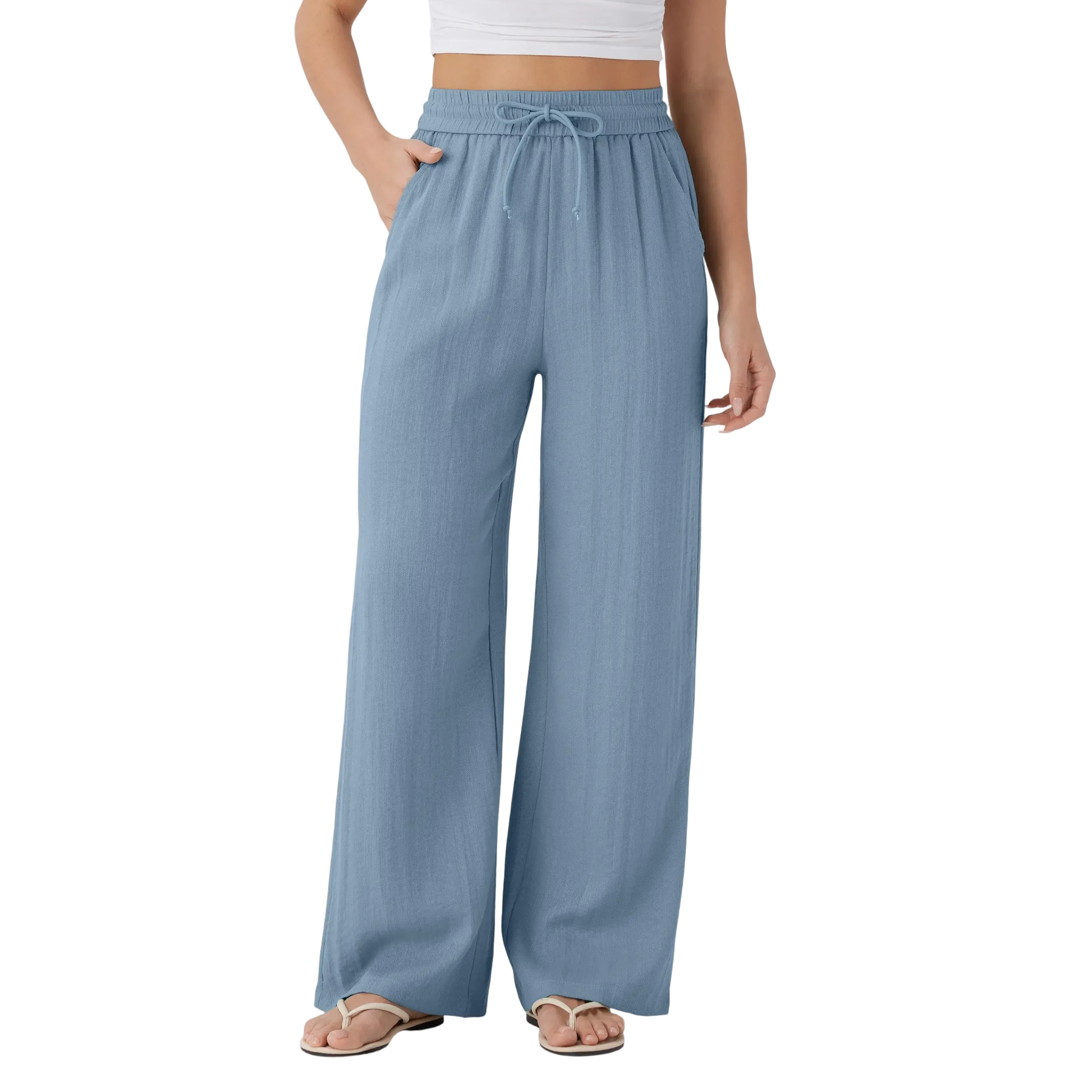 High Waisted Drawstring Pocket Wide Leg Baggy Casual Linen-Feel Pants
