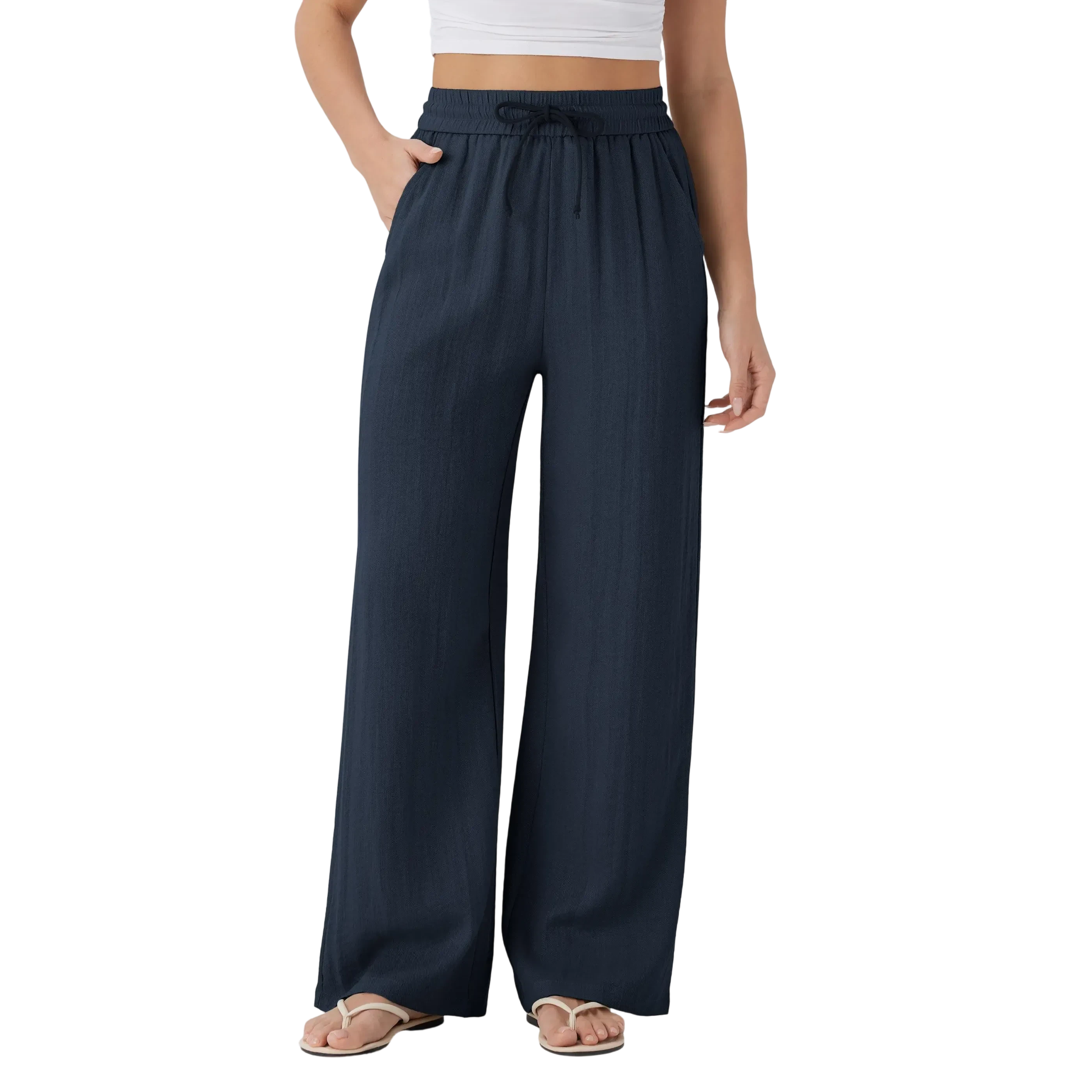 High Waisted Drawstring Pocket Wide Leg Baggy Casual Linen-Feel Pants