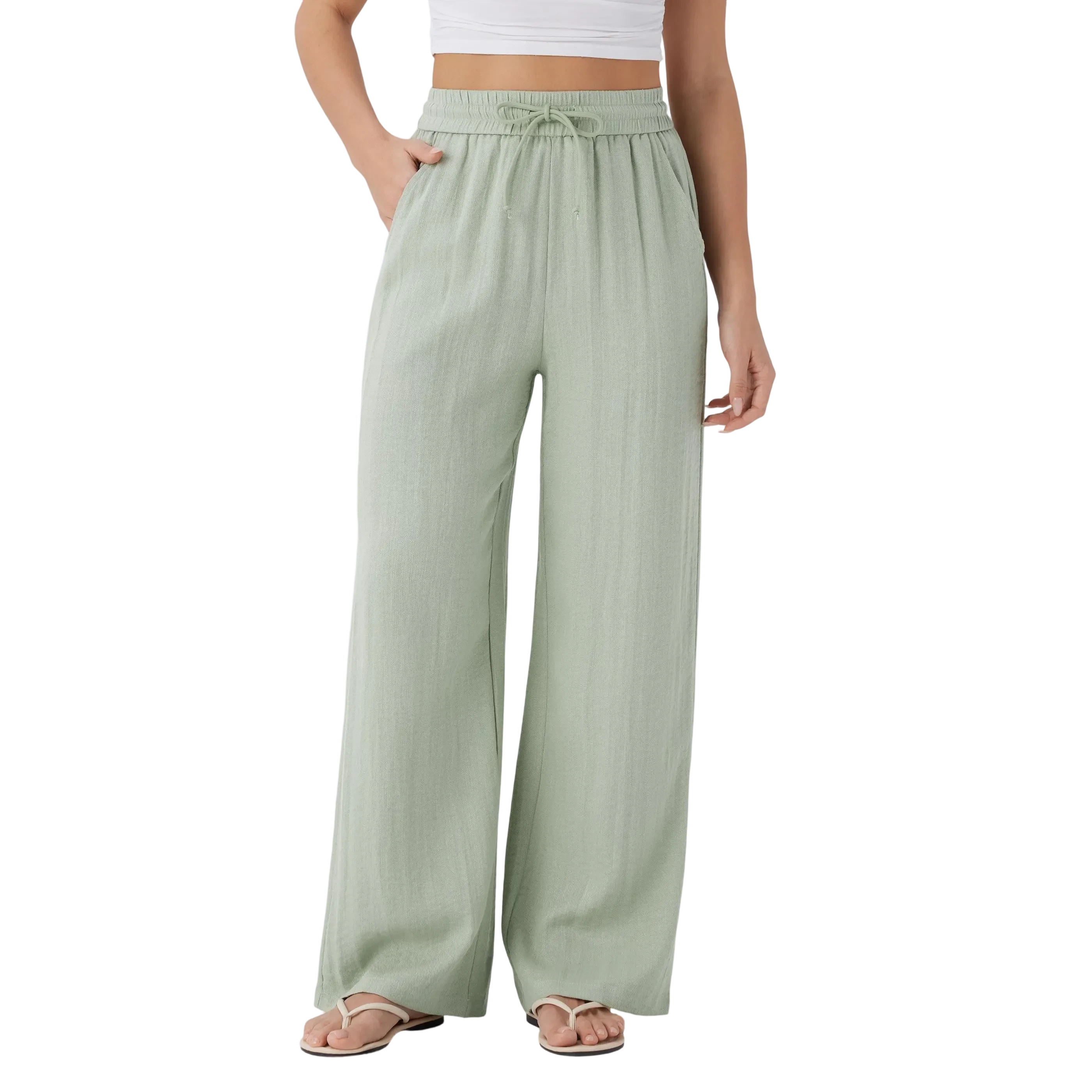 High Waisted Drawstring Pocket Wide Leg Baggy Casual Linen-Feel Pants