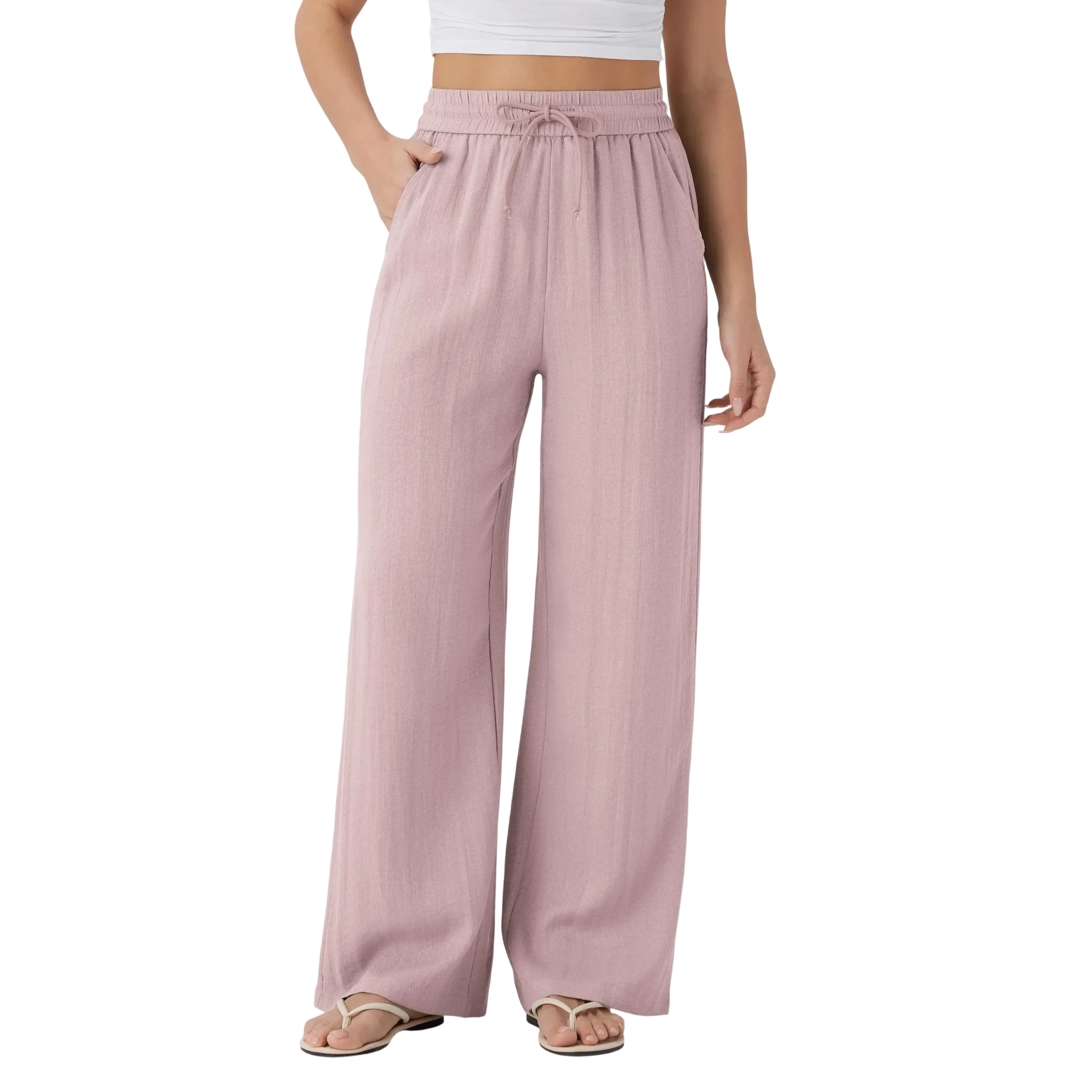 High Waisted Drawstring Pocket Wide Leg Baggy Casual Linen-Feel Pants