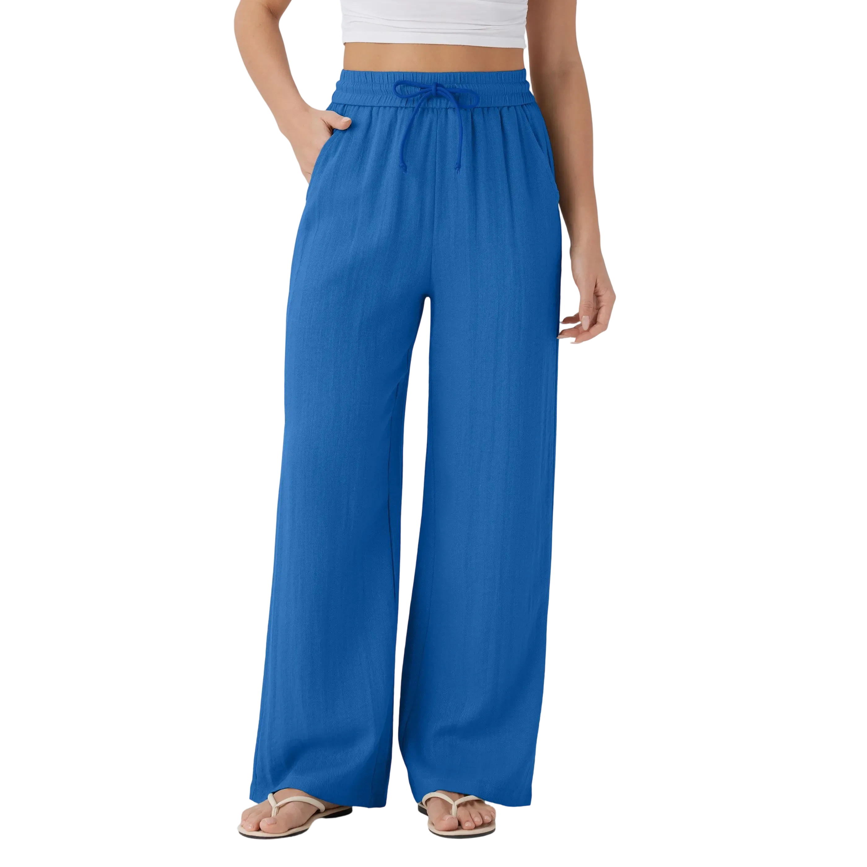 High Waisted Drawstring Pocket Wide Leg Baggy Casual Linen-Feel Pants