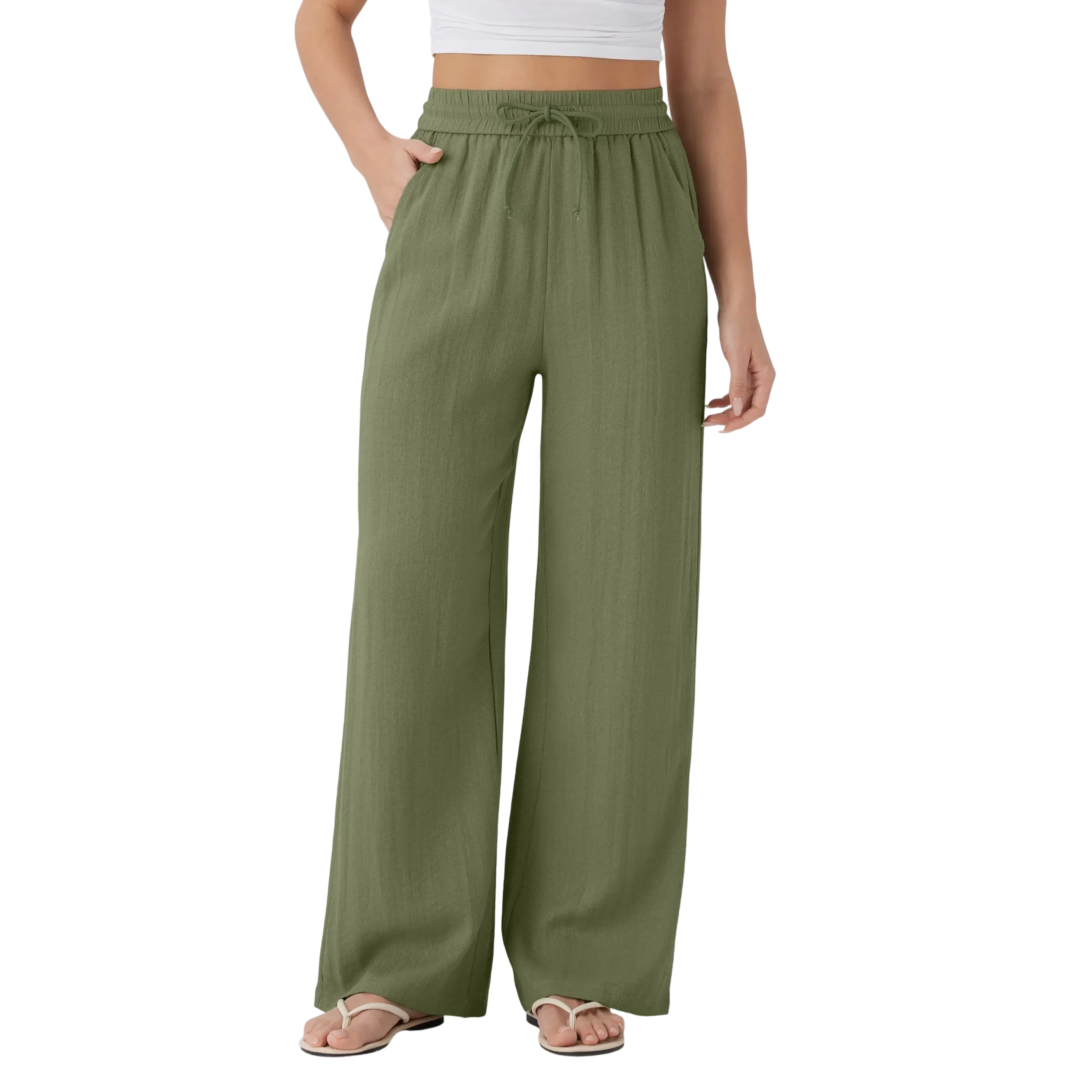 High Waisted Drawstring Pocket Wide Leg Baggy Casual Linen-Feel Pants