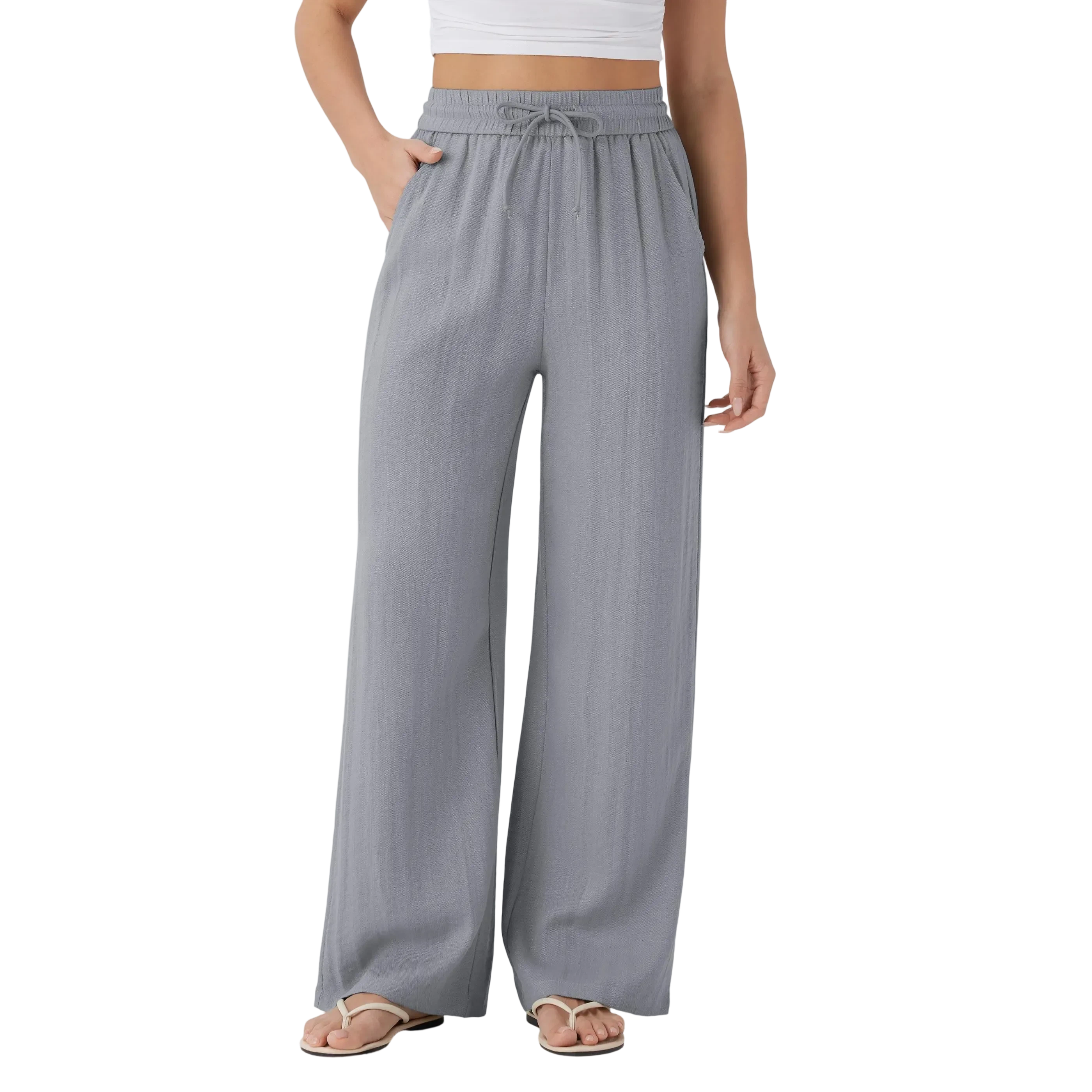 High Waisted Drawstring Pocket Wide Leg Baggy Casual Linen-Feel Pants