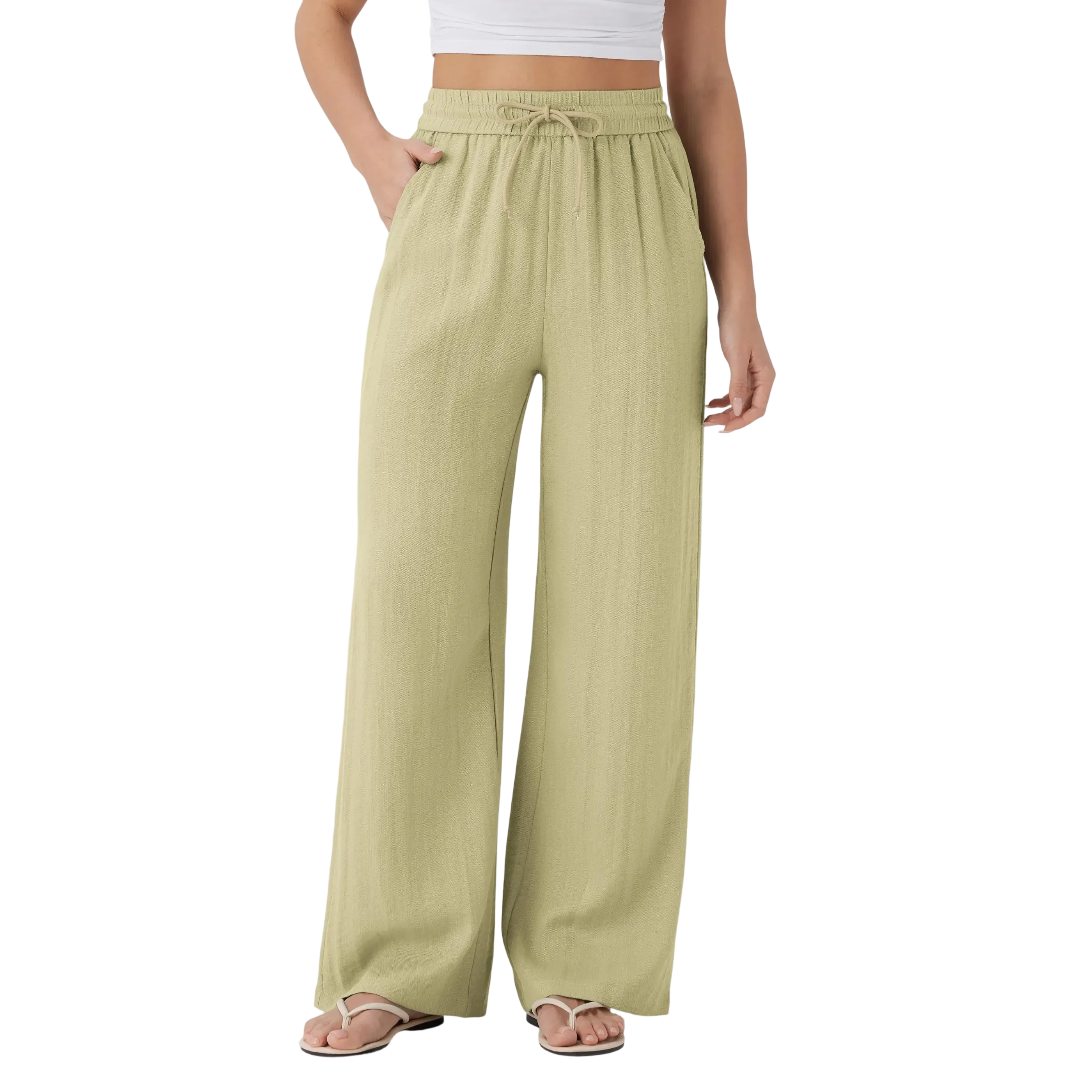 High Waisted Drawstring Pocket Wide Leg Baggy Casual Linen-Feel Pants